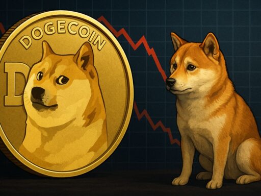 Una moneta di Dogecoin e il cane simbolo di Dogecoin con un grafico finanziario sullo sfondo