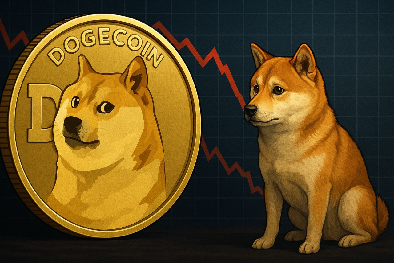 Una moneta di Dogecoin e il cane simbolo di Dogecoin con un grafico finanziario sullo sfondo