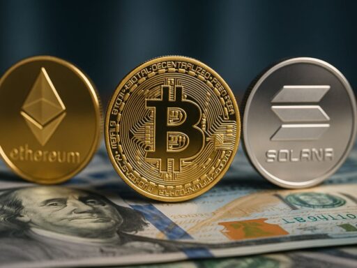 Una moneta di Ethereum, una di Bitcoin e una di Solana con sotto alcune banconote
