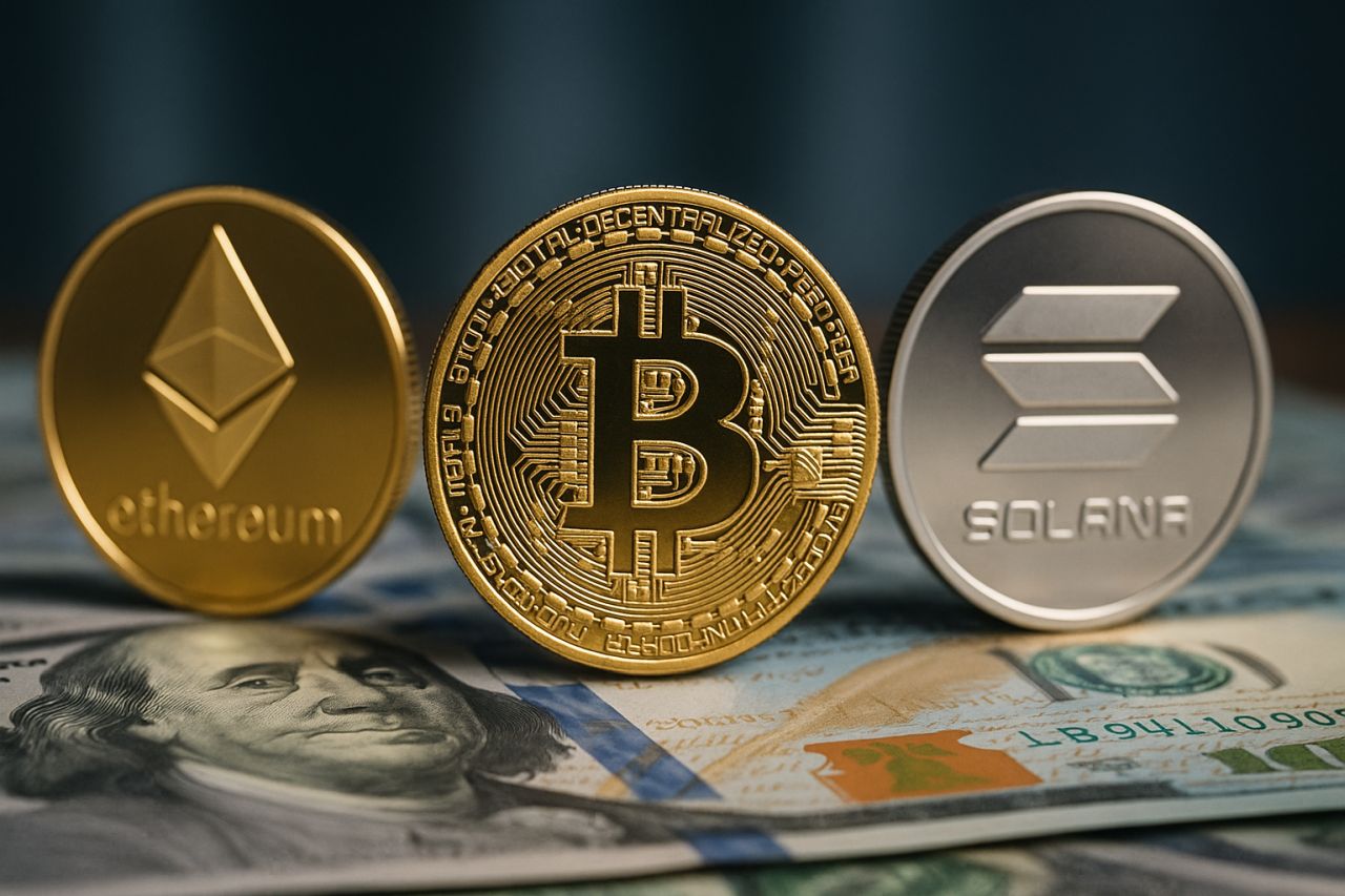 Una moneta di Ethereum, una di Bitcoin e una di Solana con sotto alcune banconote