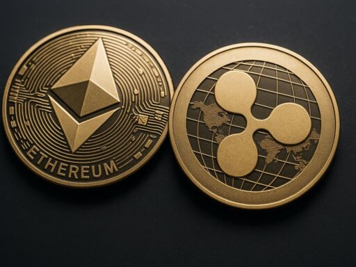 Una moneta di ETH accanto a una di XRP su sfondo nero