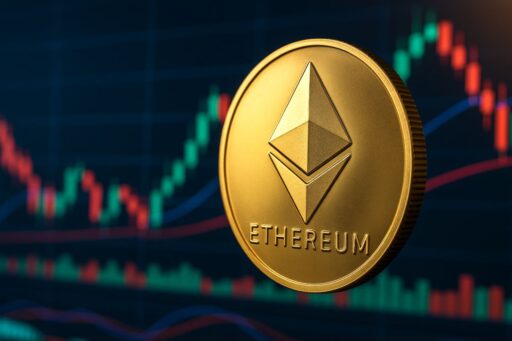 Una moneta di Ethereum con un grafico a candele sullo sfondo
