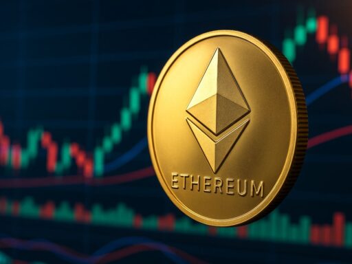 Una moneta di Ethereum con un grafico a candele sullo sfondo