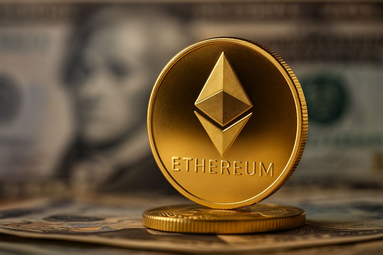 Una moneta di Ethereum con delle banconote sullo sfondo