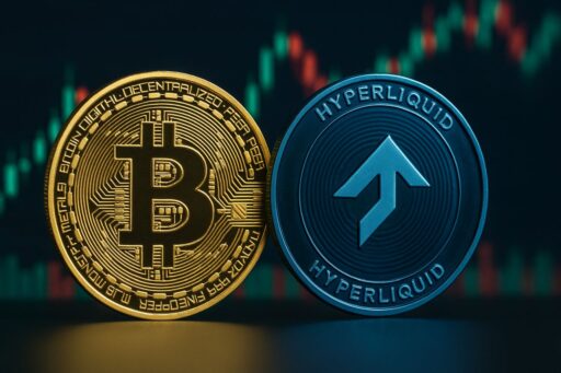Una moneta di Bitcoin accanto a una di Hyperliquid (HYPE) e un grafico a candele sullo sfondo