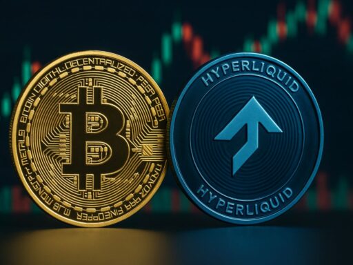 Una moneta di Bitcoin accanto a una di Hyperliquid (HYPE) e un grafico a candele sullo sfondo