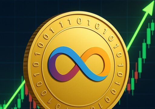 Una moneta con il simbolo dell'infinito che rappresenta la crypto Internet Computer. Sullo sfondo un grafico a candele