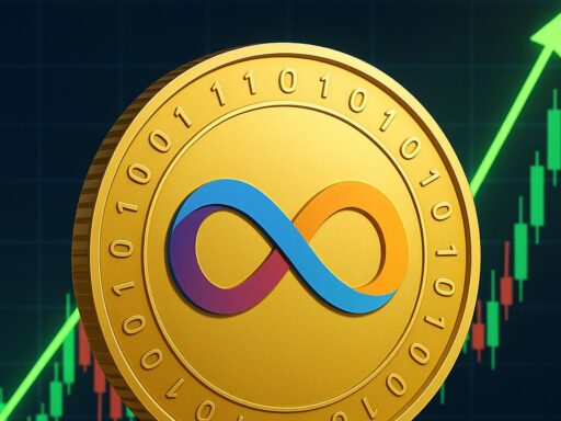 Una moneta con il simbolo dell'infinito che rappresenta la crypto Internet Computer. Sullo sfondo un grafico a candele