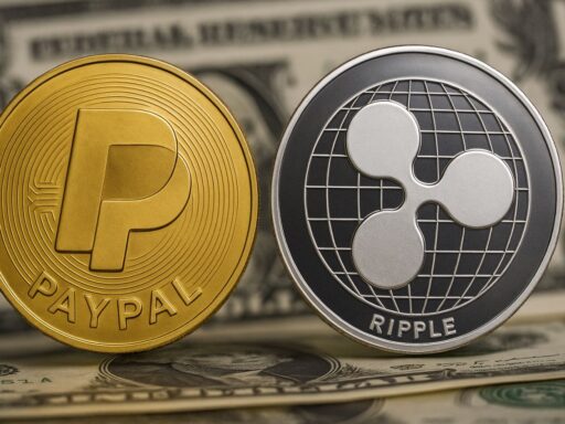 Una moneta con il simbolo di PayPal a sinistra, e una con il simbolo di Ripple a destra