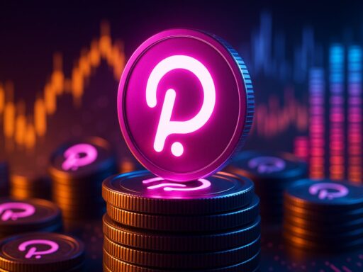 Un gettone con il simbolo di Polkadot e un grafico sullo sfondo