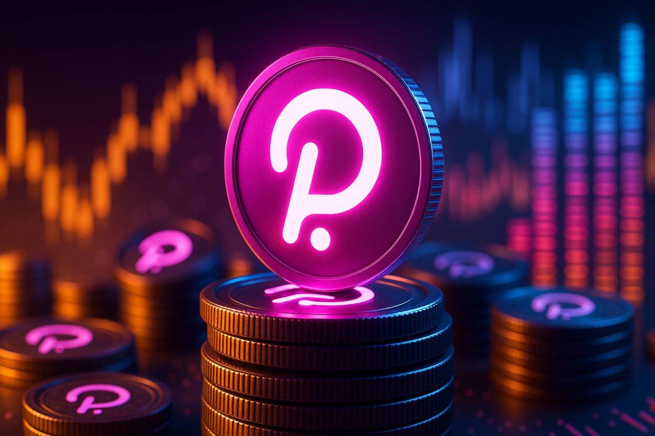 Un gettone con il simbolo di Polkadot e un grafico sullo sfondo