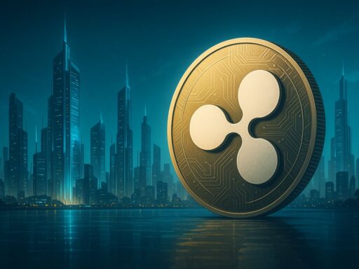 Una moneta con il vecchio simbolo di XRP e una città in lontananza sullo sfondo