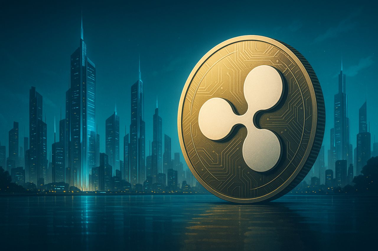 Una moneta con il vecchio simbolo di XRP e una città in lontananza sullo sfondo