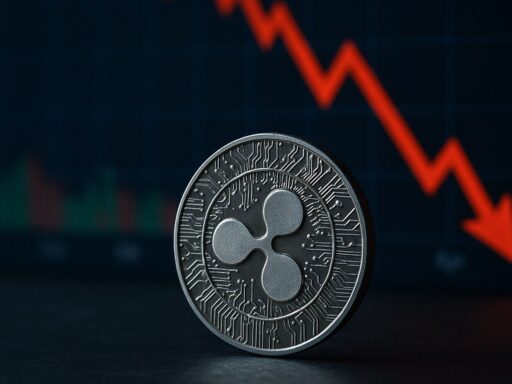 Una moneta con il vecchio simbolo di XRP e un grafico in discesa sullo sfondo