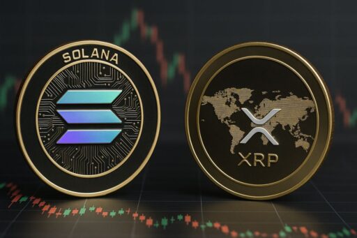 Una moneta di Solana accanto a una di XRP e un grafico a candele sullo sfondo