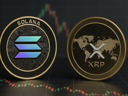Una moneta di Solana accanto a una di XRP e un grafico a candele sullo sfondo