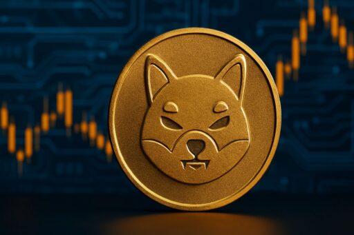 Una moneta di Shiba Inu con un grafico a candele sullo sfondo