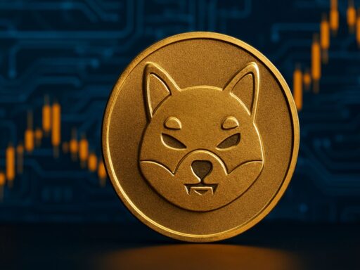 Una moneta di Shiba Inu con un grafico a candele sullo sfondo