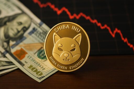 Una moneta di Shiba Inu (SHIB) con una banconota dietro di essa e un grafico in discesa sullo sfondo