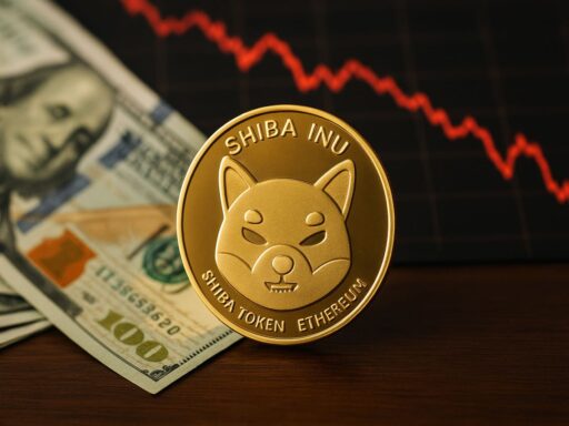 Una moneta di Shiba Inu (SHIB) con una banconota dietro di essa e un grafico in discesa sullo sfondo