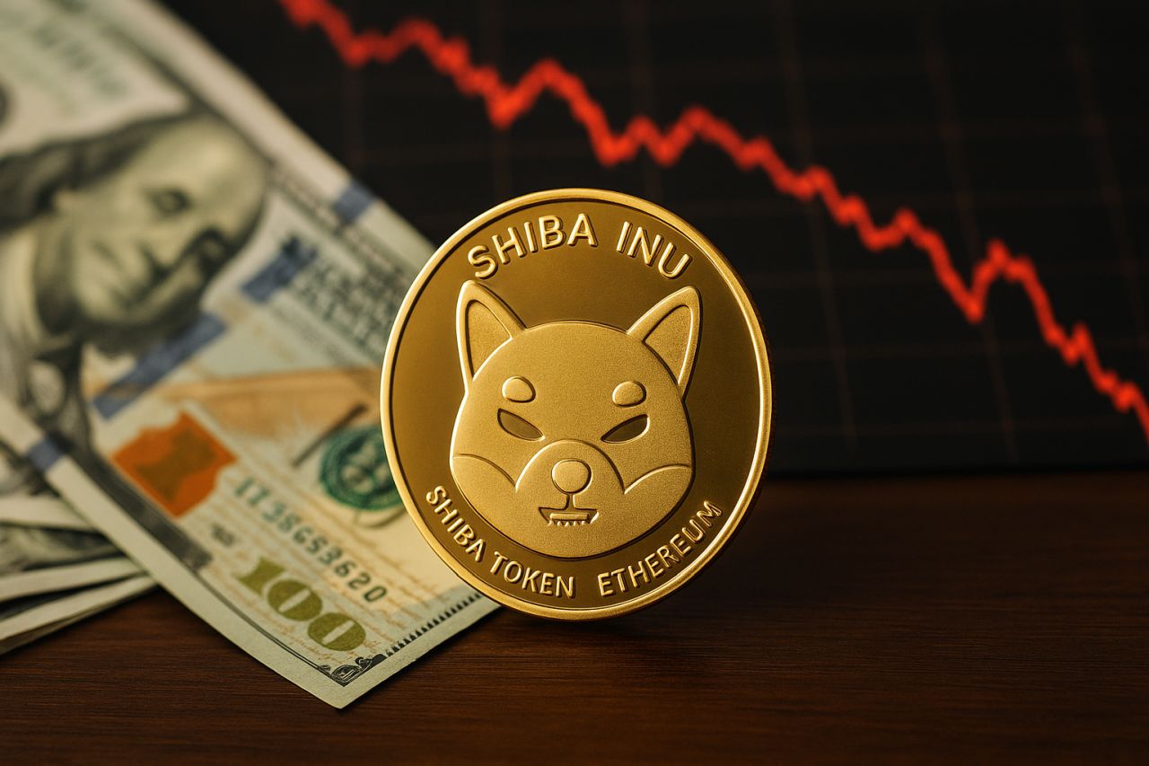 Una moneta di Shiba Inu (SHIB) con una banconota dietro di essa e un grafico in discesa sullo sfondo