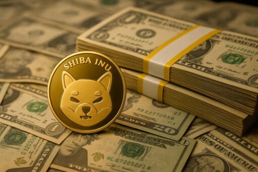 Una moneta di Shiba Inu con delle banconote in dollari sullo sfondo