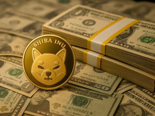 Una moneta di Shiba Inu con delle banconote in dollari sullo sfondo