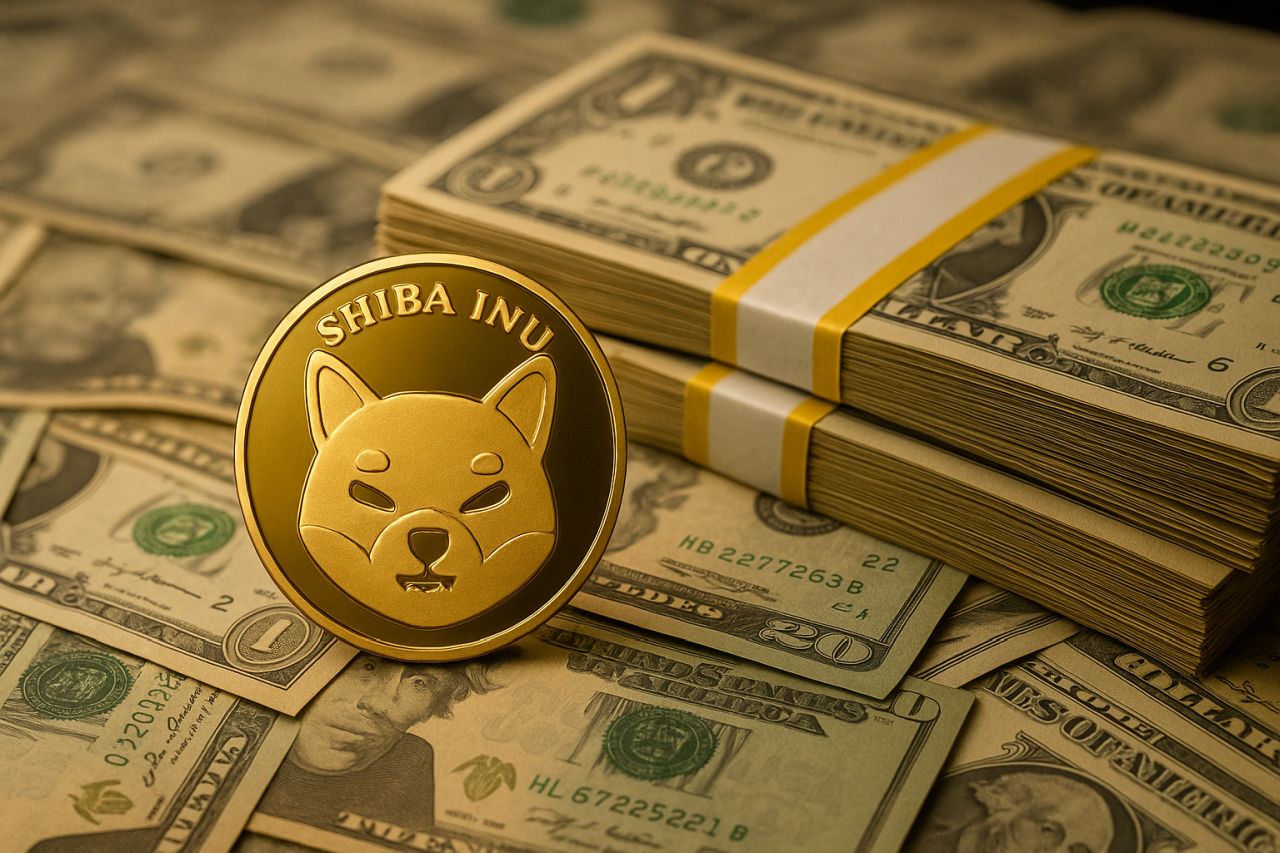 Una moneta di Shiba Inu con delle banconote in dollari sullo sfondo