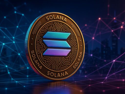 Una moneta di Solana con delle lucine sullo sfondo