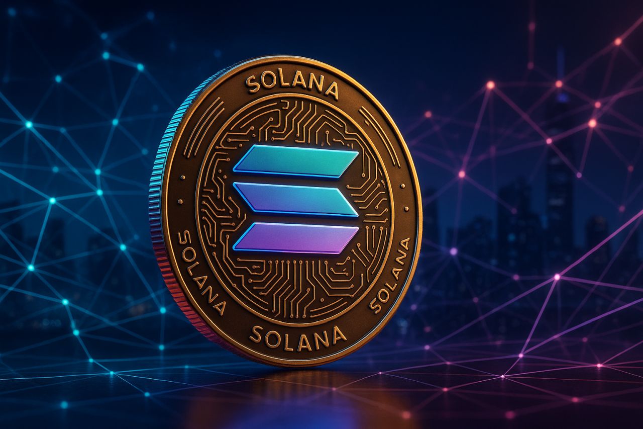 Una moneta di Solana con delle lucine sullo sfondo