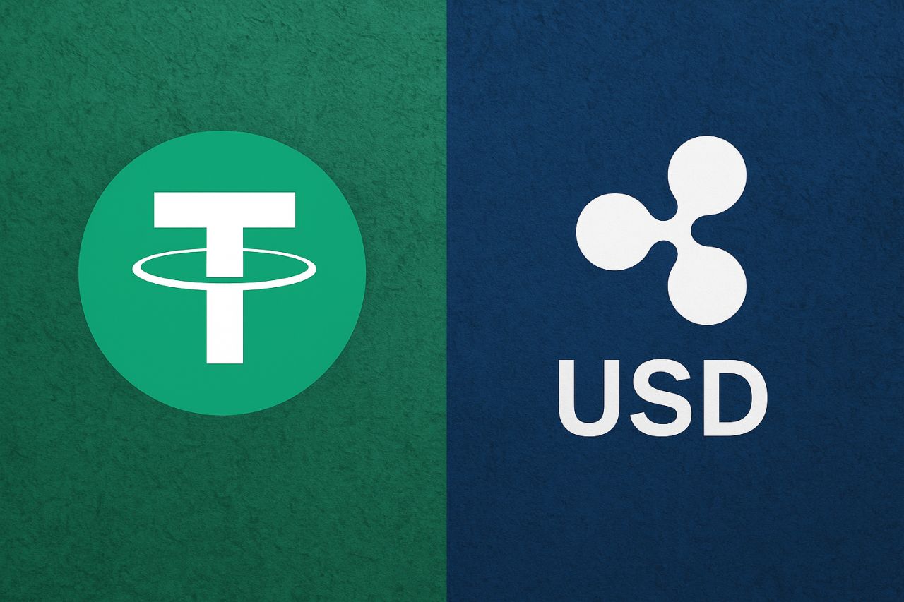un'immagine divisa a metà da una linea verticale al centro. Sulla metà di sinistra il logo di Tethere (USDT) e sulla metà di destra quello di RippleUSD (RLUSD)