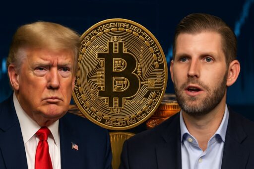 Primo piano di Donald Trump ed Eric Trump con una moneta di Bitcoin in grande tra di loro