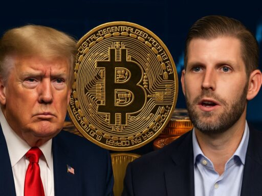 Primo piano di Donald Trump ed Eric Trump con una moneta di Bitcoin in grande tra di loro