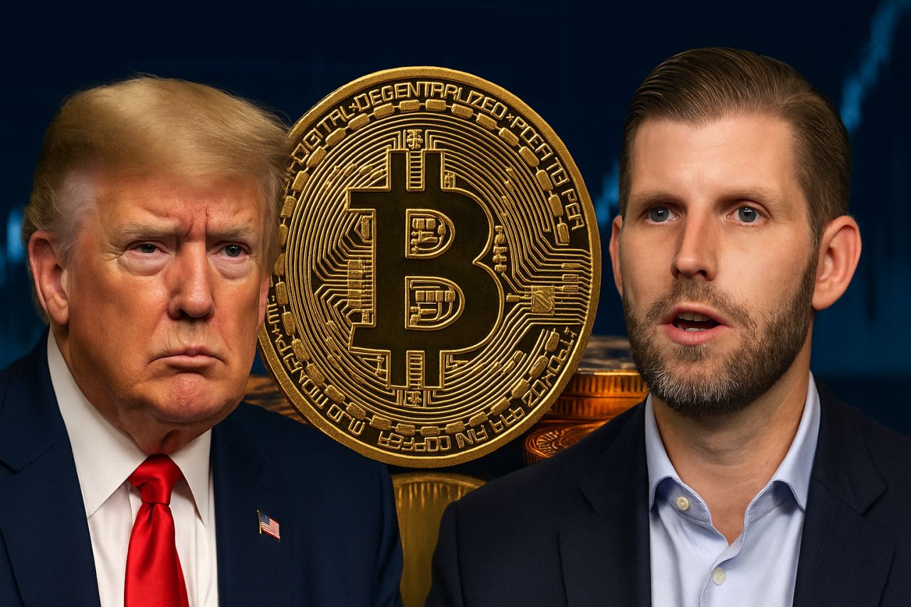 Primo piano di Donald Trump ed Eric Trump con una moneta di Bitcoin in grande tra di loro