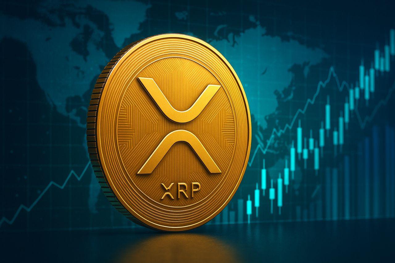 Una moneta di XRP con un grafico sullo sfondo