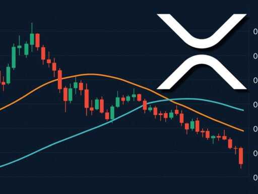 Un grafico a candele che indica un death cross e il logo di XRP in sovrimpressione in alto a destra