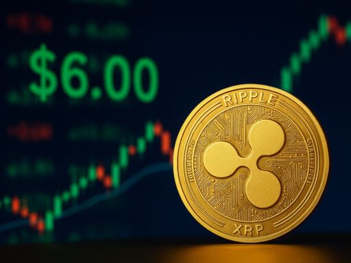 Una moneta di XRP con un grafico a candele sullo sfondo