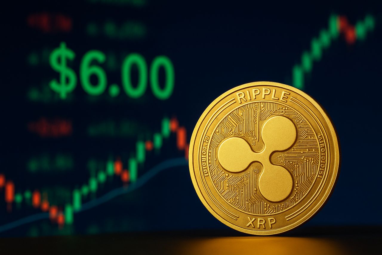 Una moneta di XRP con un grafico a candele sullo sfondo
