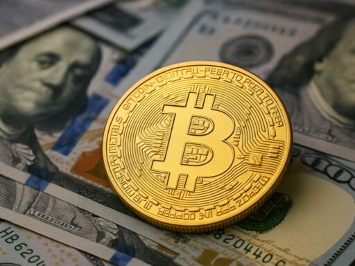 Una moneta di Bitcoin con delle banconote sullo sfondo