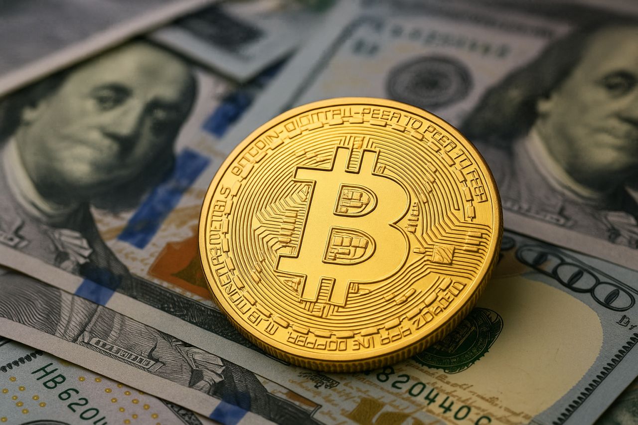 Una moneta di Bitcoin con delle banconote sullo sfondo