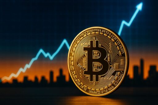 Una moneta di Bitcoin al centro con una freccia verso l'alto sullo sfondo e le sagome di alcuni palazzi che si stagliano nella luce del crepuscolo