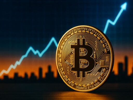 Una moneta di Bitcoin al centro con una freccia verso l'alto sullo sfondo e le sagome di alcuni palazzi che si stagliano nella luce del crepuscolo