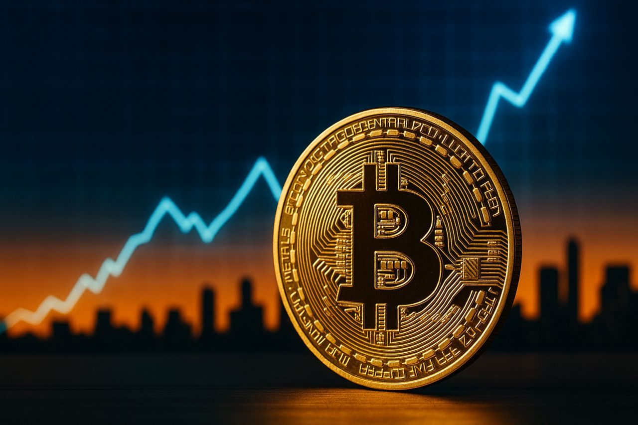 Una moneta di Bitcoin al centro con una freccia verso l'alto sullo sfondo e le sagome di alcuni palazzi che si stagliano nella luce del crepuscolo