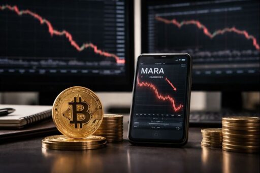 In primo piano una moneta di Bitcoin con altre monetine vicino. Sullo sfondo alcuni schermi che mostrano grafici finanziari in discesa