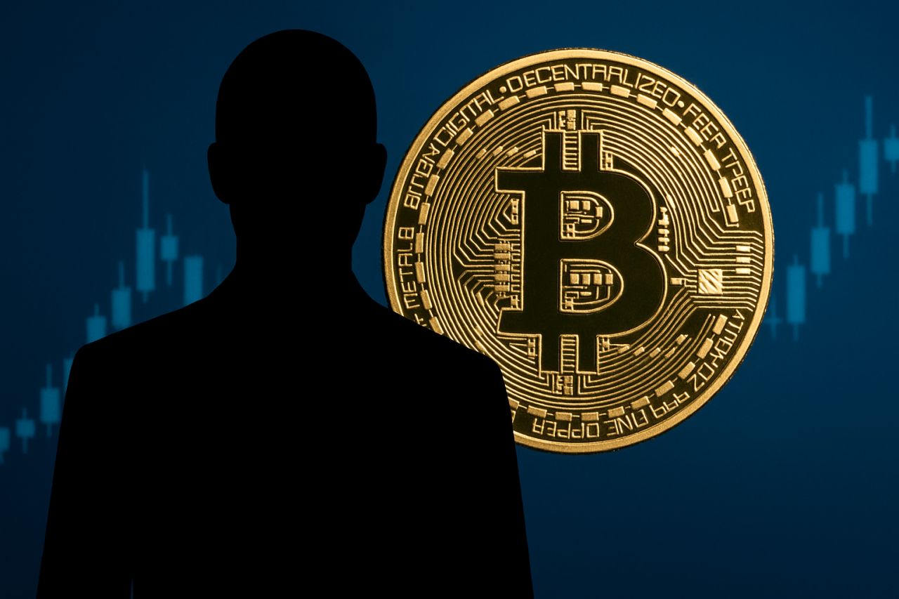 Una moneta di Bitcoin con una sagoma nera davanti e un grafico a candele sullo sfondo