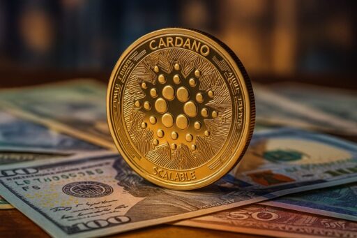 Una moneta di Cardano (ADA) poggiata di taglio su alcune banconote