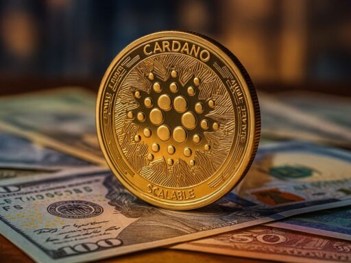 Una moneta di Cardano (ADA) poggiata di taglio su alcune banconote