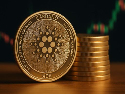 Una moneta di Cardano con una pila di monetine accanto. Un grafico a candele sullo sfondo