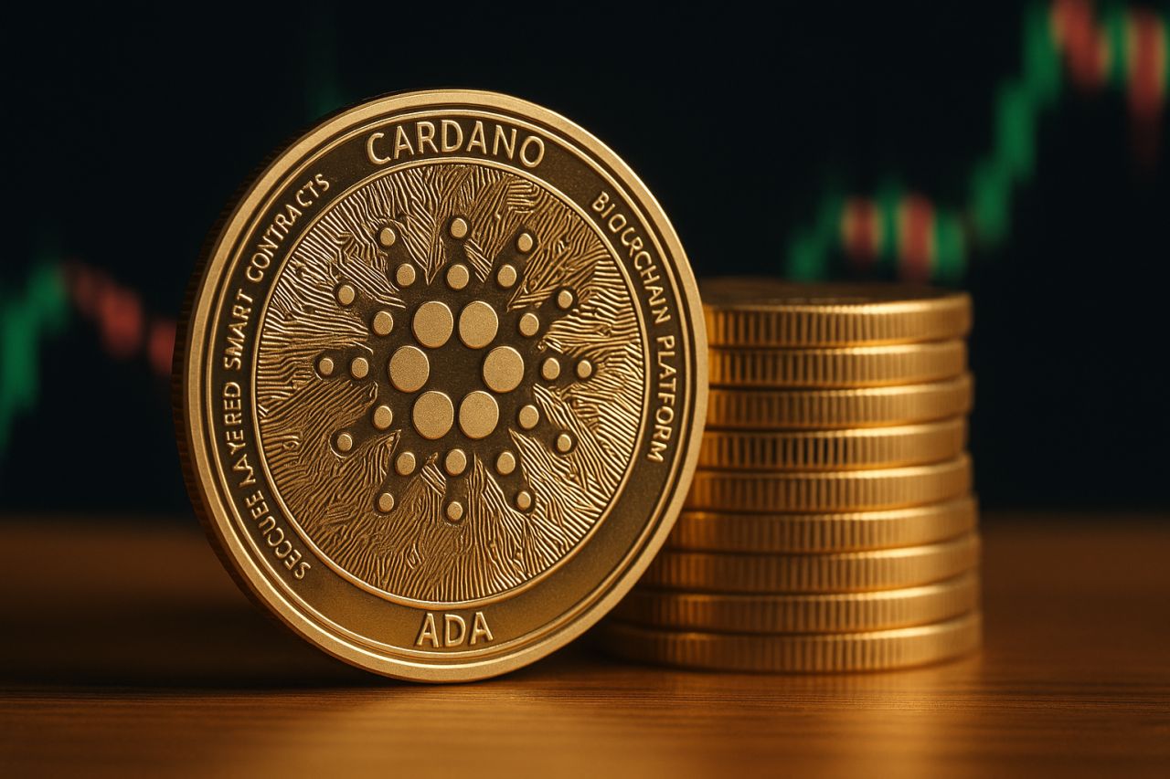 Una moneta di Cardano con una pila di monetine accanto. Un grafico a candele sullo sfondo