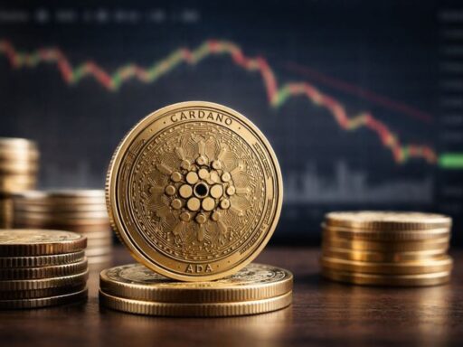 Una moneta di Cardano (ADA) con un grafico finanziario sullo sfondo